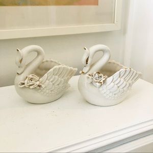 Vintage ceramic swan trinket dishes white and gold
